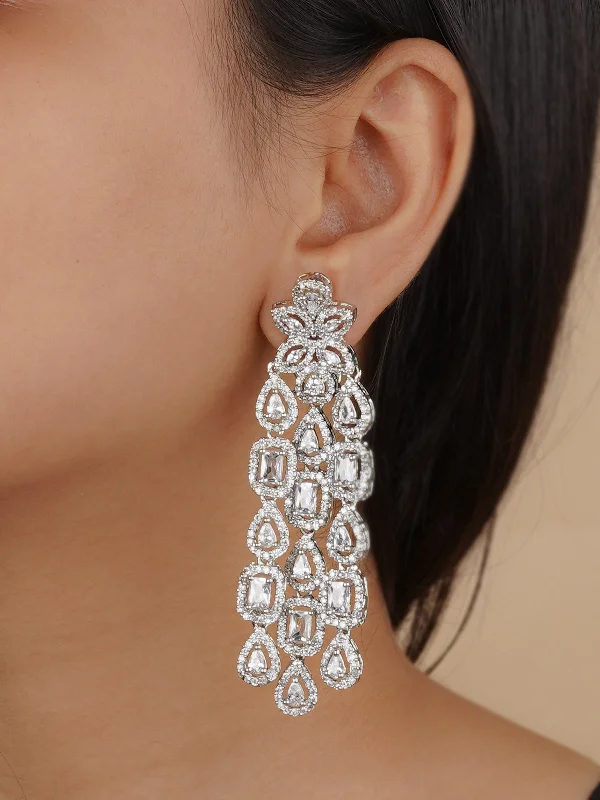 Three-layer earrings for women -White Color Silver Plated Faux Diamond Earrings - CZEAR528