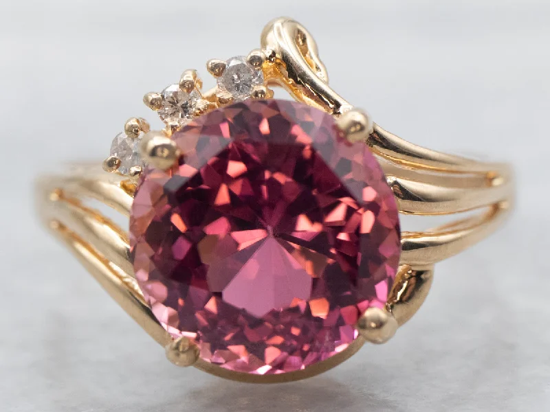 Statement gemstone rings for women -Yellow Gold Pink Tourmaline Ring with Diamond Accents