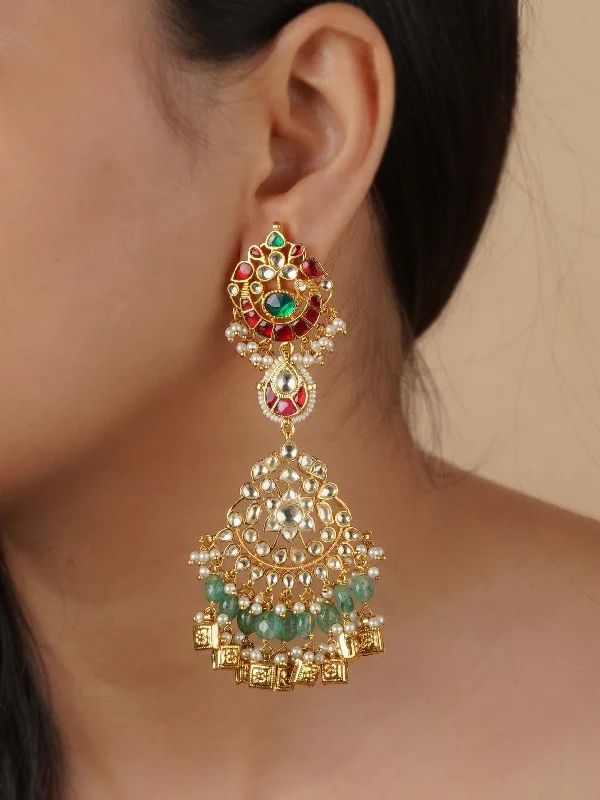 Handmade earrings for women -Multicolor Gold Plated Jadau Kundan Earrings - ME1236MA