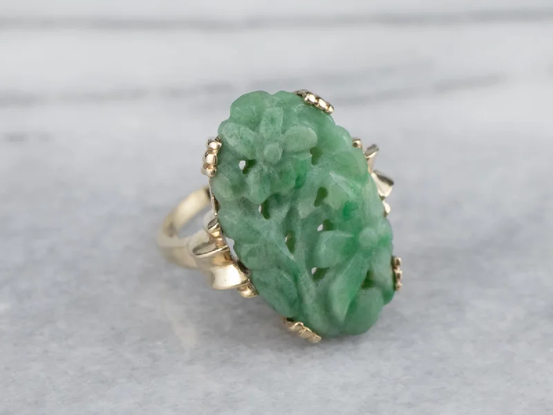 Gold rings for women -Vintage Carved Floral Jade Cocktail Ring