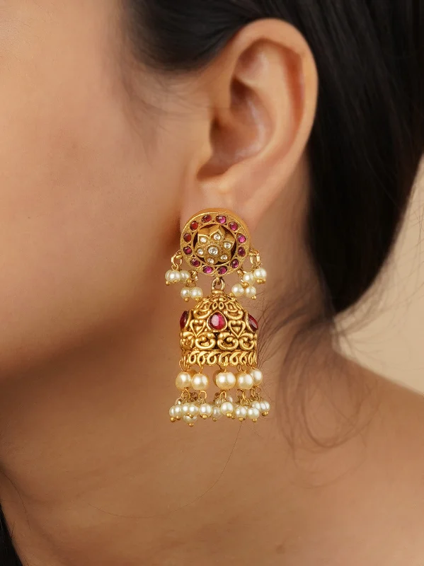 Bohemian earrings for women -Pink Color Gold Plated Temple Earrings - TMPEAR84M