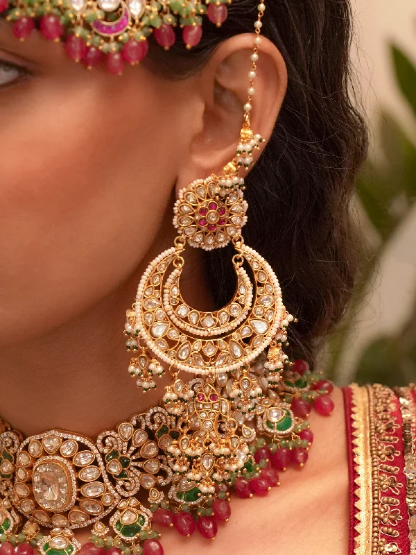 Party earrings for women -Pink Color Gold Plated Jadau Kundan Earrings (Matsya Chandbali) - ME1190WP