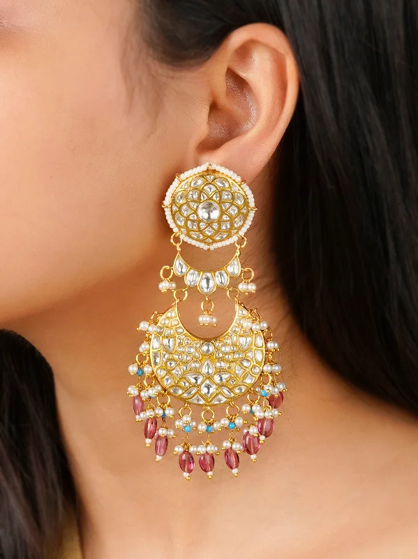 Modern silver earrings for women -Multicolor Gold Plated Thappa Jadau Kundan Earrings - TJ-E90A