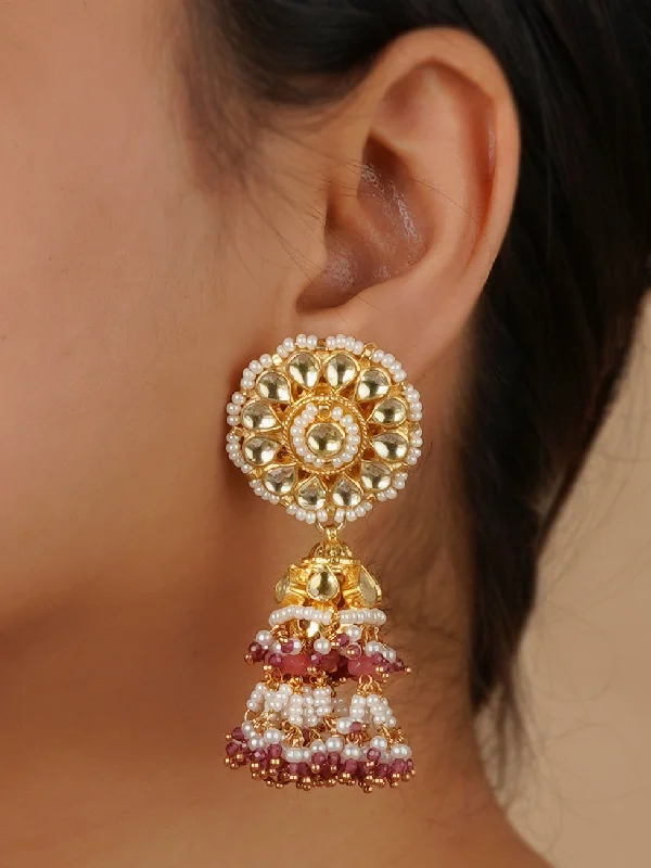 Natural gemstone earrings for women -Baby Pink Color Gold Plated Jadau Kundan Earrings - ME1123YB