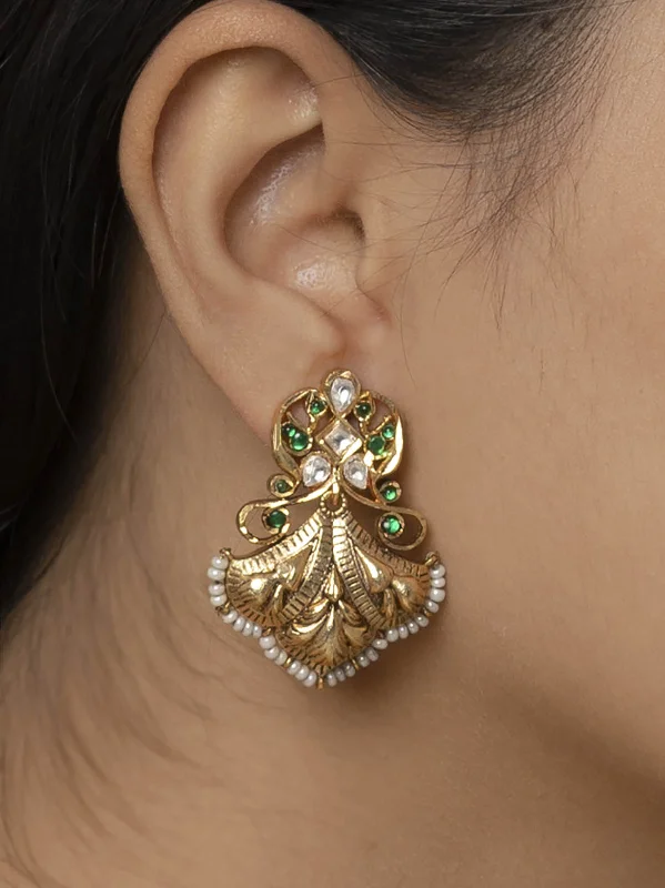 Crystal earrings for women -Green Color Gold Plated Temple Earrings - TMPEAR636