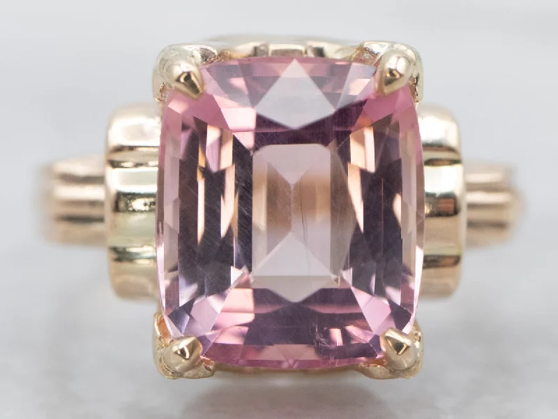 Statement rings for women -Yellow Gold Emerald Cut Pink Tourmaline Solitaire Ring