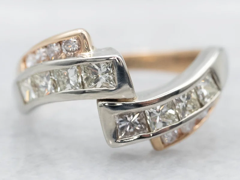 Gold-plated rings for women -Two Tone Princess Cut Diamond Bypass Ring with Round Cut Diamond Accents