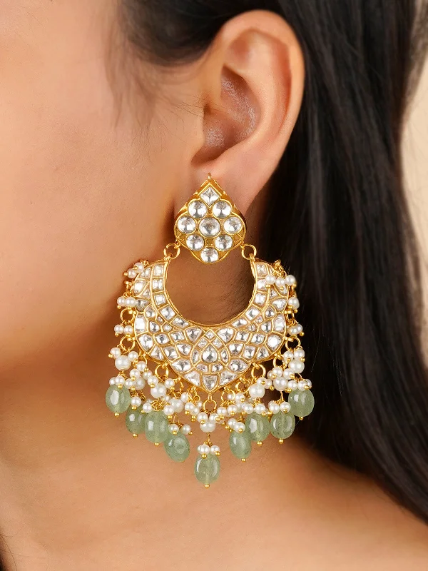 Twisted earrings for women -Green Color Gold Plated Thappa Jadau Kundan Earrings - TJ-E93