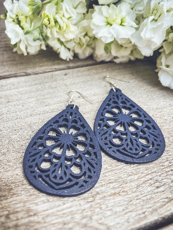 Luxury pearl earrings for women -Beautiful Blue Laser Cut Wood Floral Earrings