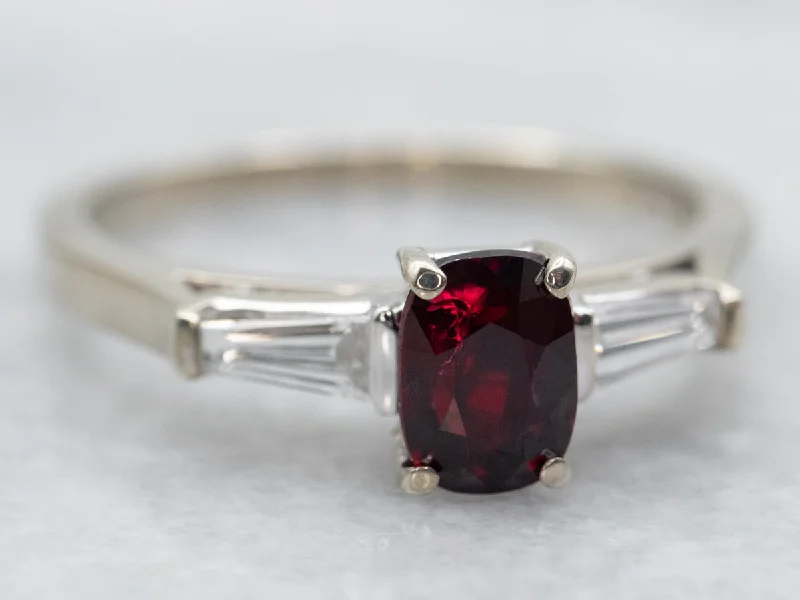 Designer gemstone rings for women -White Gold Oval Cut Ruby Ring with Baguette Cut Diamond Accents