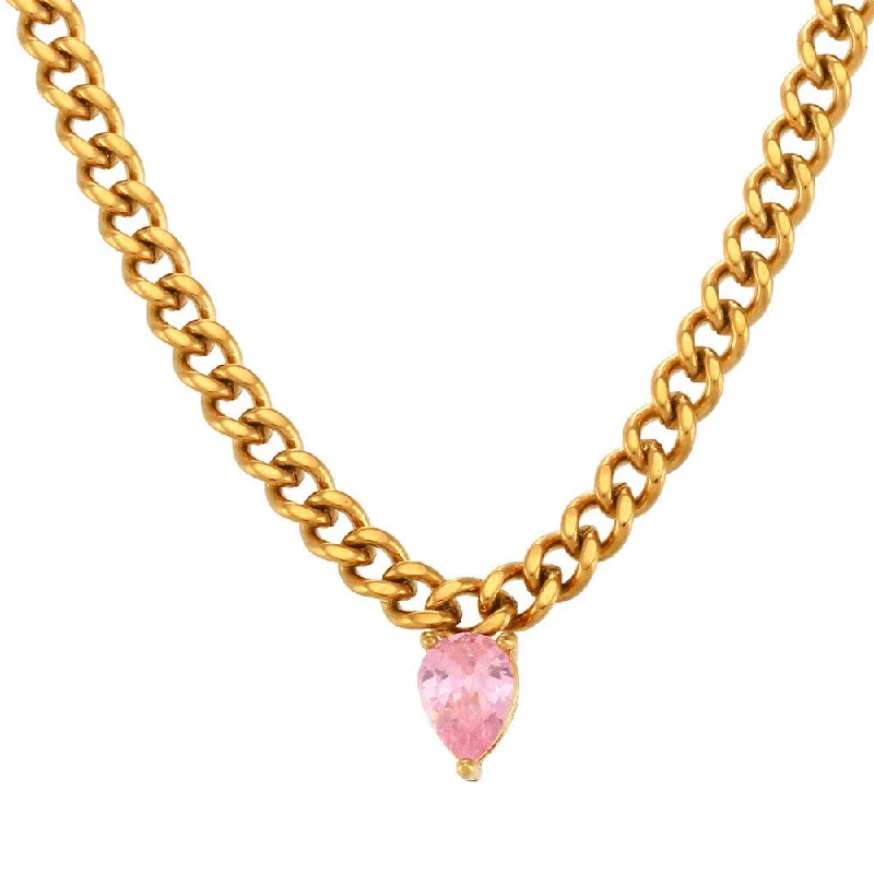 Cuban Chain Zircon Pendant Necklace - Pink Diamond