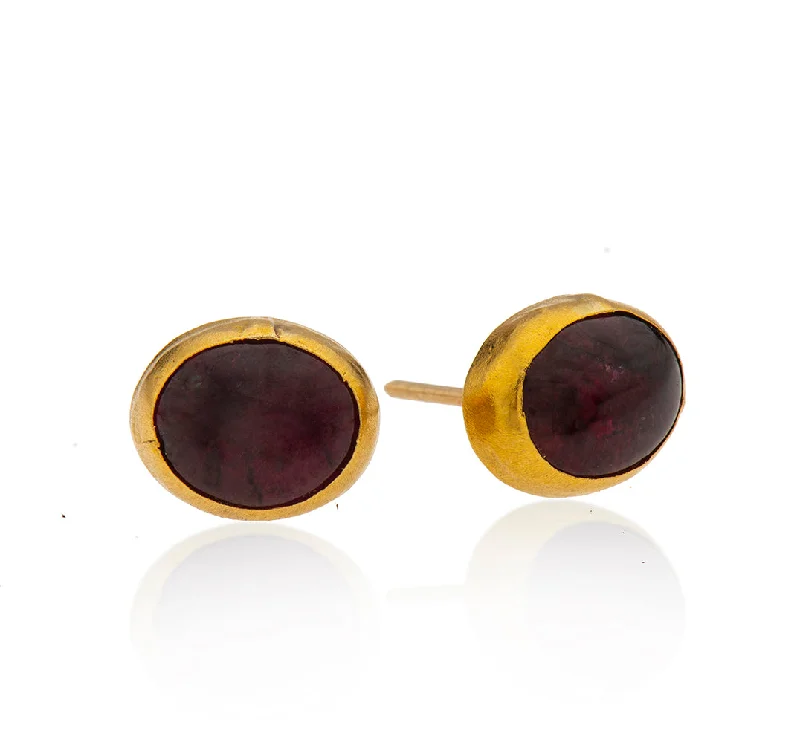 Three-layer earrings for women -Nava Zahavi Yellow Gold Garnet Oval Stud Earrings