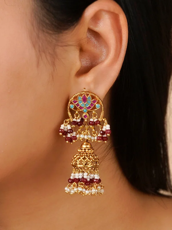 Chic earrings for women -Multicolor Gold Plated Jadau Kundan Earrings - ME1149MA