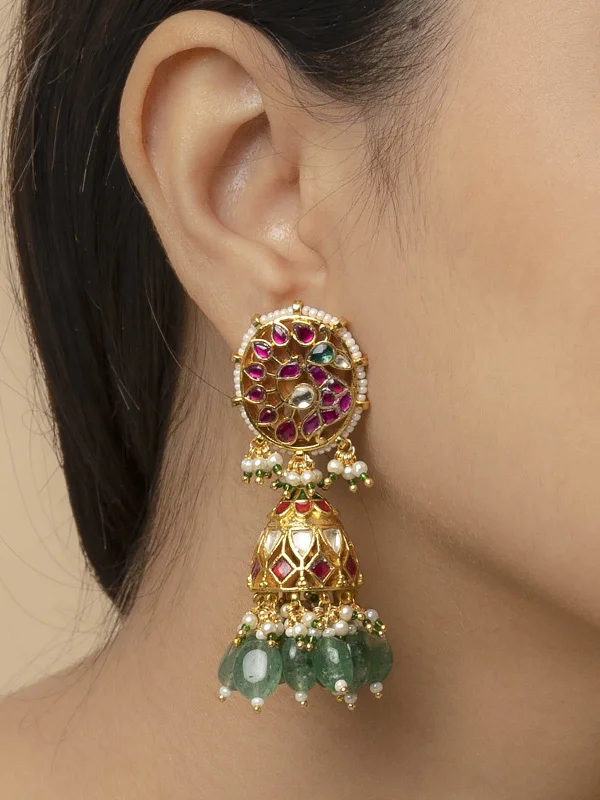 Clip-on earrings for women -Multicolor Gold Plated Jadau Kundan Earrings - ME1120MB