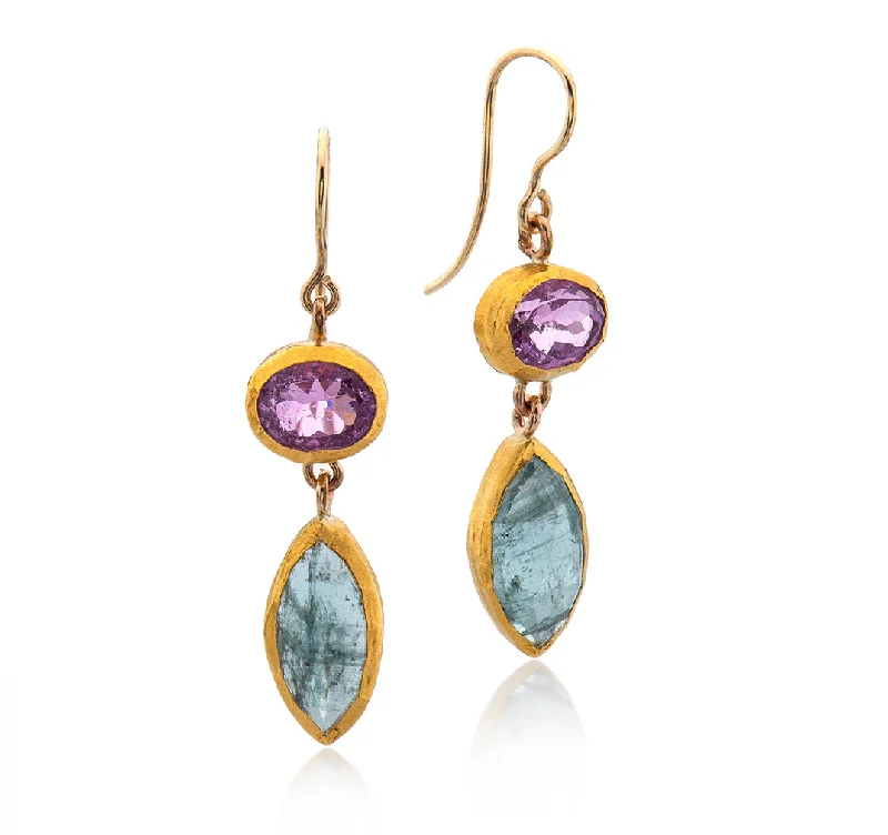 Cute earrings for women -Nava Zahavi Yellow Gold Pink Quartz and Aquamarine Earrings