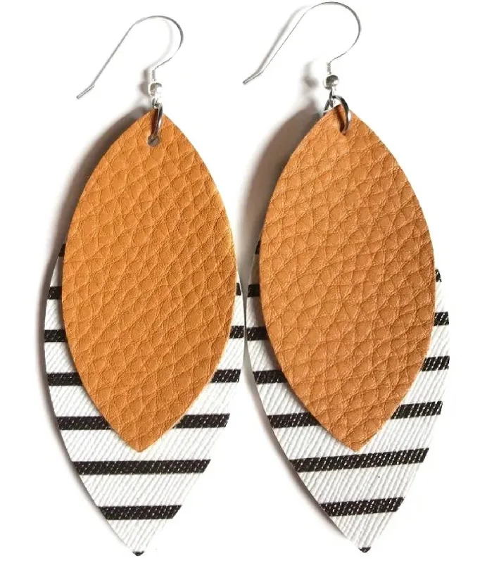 Handmade silver earrings for women -Mustard and Striped Leaf Drop Earrings