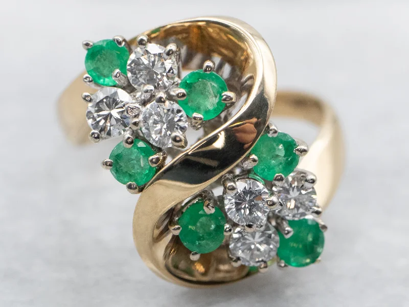 Black diamond rings for women -Modernist Gold Emerald and Diamond Bypass Ring