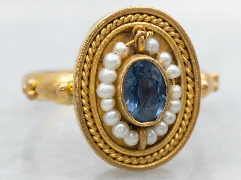 Gold stacking rings for women -Georgian Sapphire and Seed Pearl Halo Ring