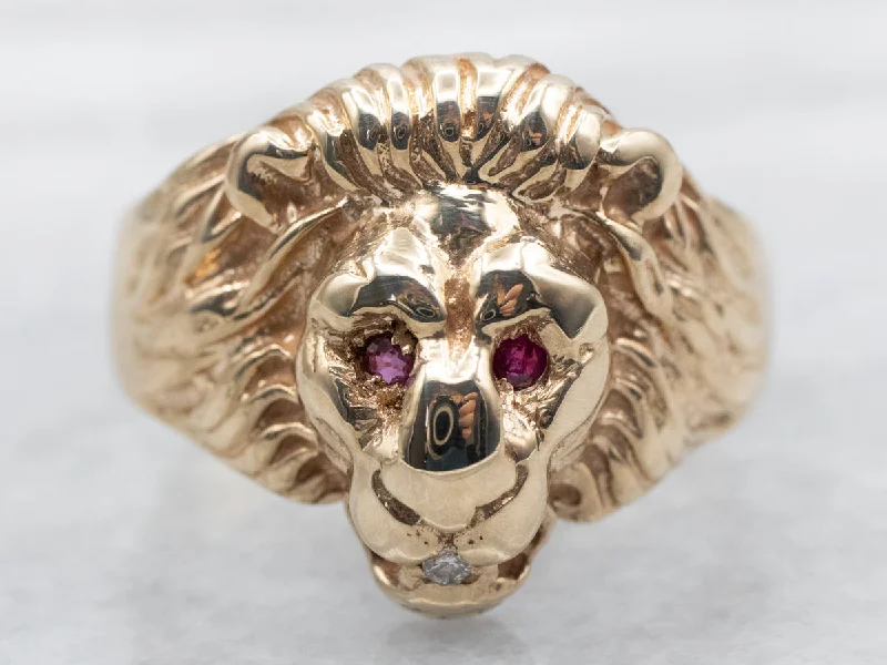 Personalized name rings for women -Yellow Gold Lion Ring with Ruby Eyes and Diamond in Mouth