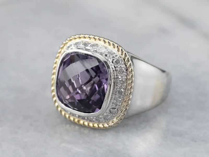 Platinum wedding rings for women -Amethyst Diamond Halo White Gold Statement Ring