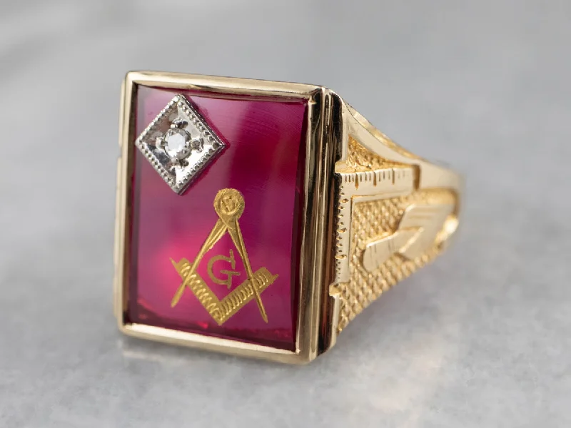 Diamond rings for women -Masonic Ruby Glass Gold Statement Ring