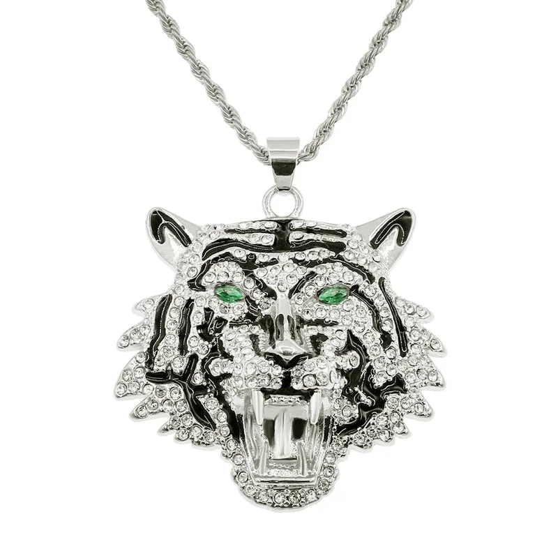 Silver (Green Eye Tiger Head)-0.3 * 60cm Stainless Steel Hemp Flowers Chain