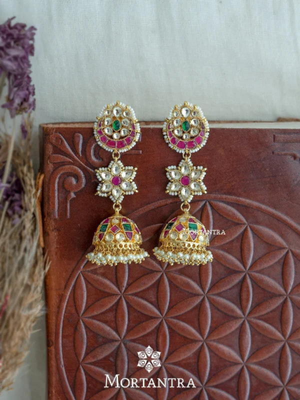 Multi-layered earrings for women -Multicolor Gold Plated Jadau Kundan Earrings - ME1107M