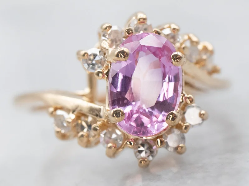 Simple rings for women -Pretty Pink Sapphire and Diamond Halo Bypass Ring