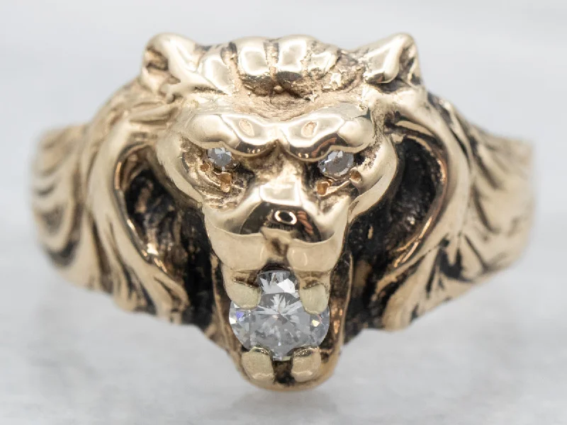 Simple diamond rings for women -Yellow Gold Lion Ring with Diamond Accents