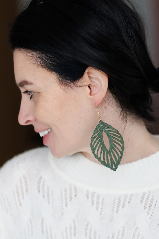 Party earrings for women -Beautiful Green Wood Leaf Earrings