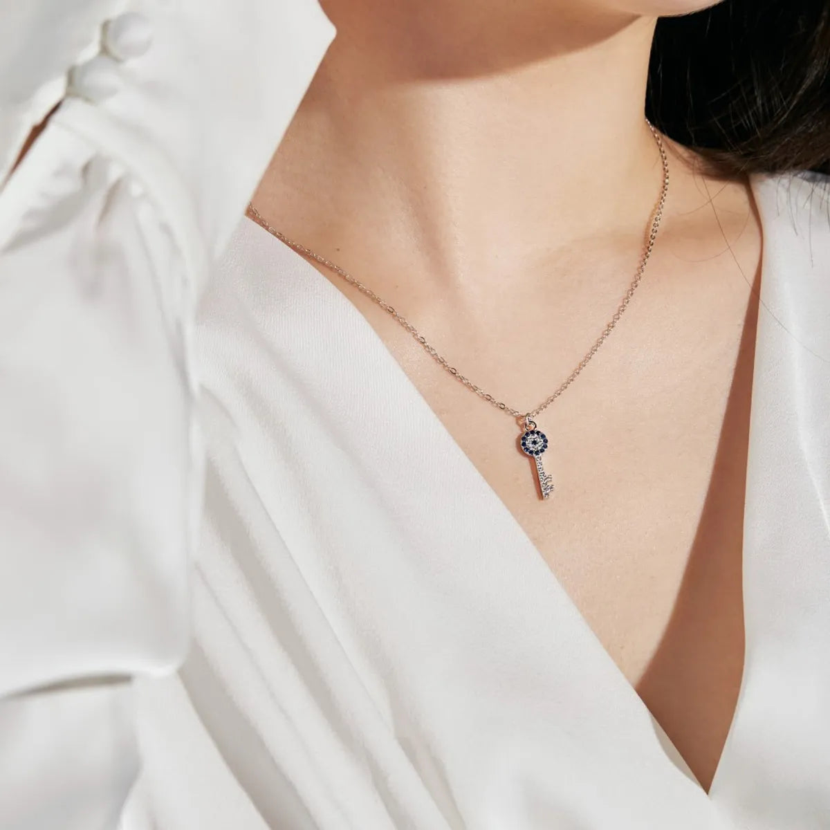 Simple silver necklaces for women -Simple Style Key Sterling Silver Inlay Zircon Pendant Necklace