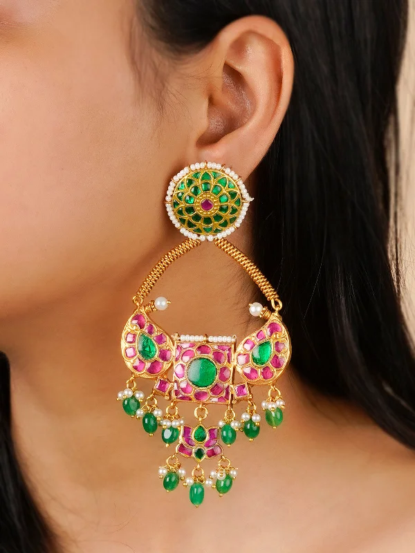 Minimalist earrings for women -Multicolor Gold Plated Thappa Jadau Kundan Earrings - TJ-E94M