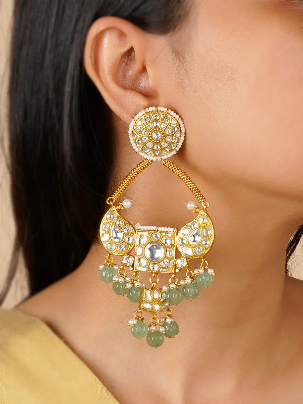 Personalized name earrings for women -Green Color Gold Plated Thappa Jadau Kundan Earrings - TJ-E94