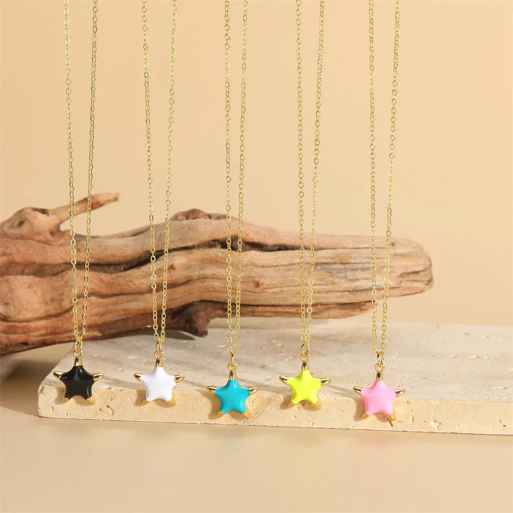 Colorful crystal necklaces for women -Copper 14K Gold Plated Casual Simple Style Plating Pentagram Copper Pendant Necklace