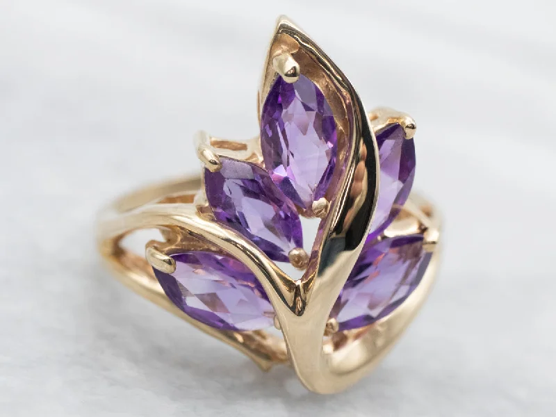 Luxury diamond rings for women -Yellow Gold Marquise Cut Amethyst Leaf Ring