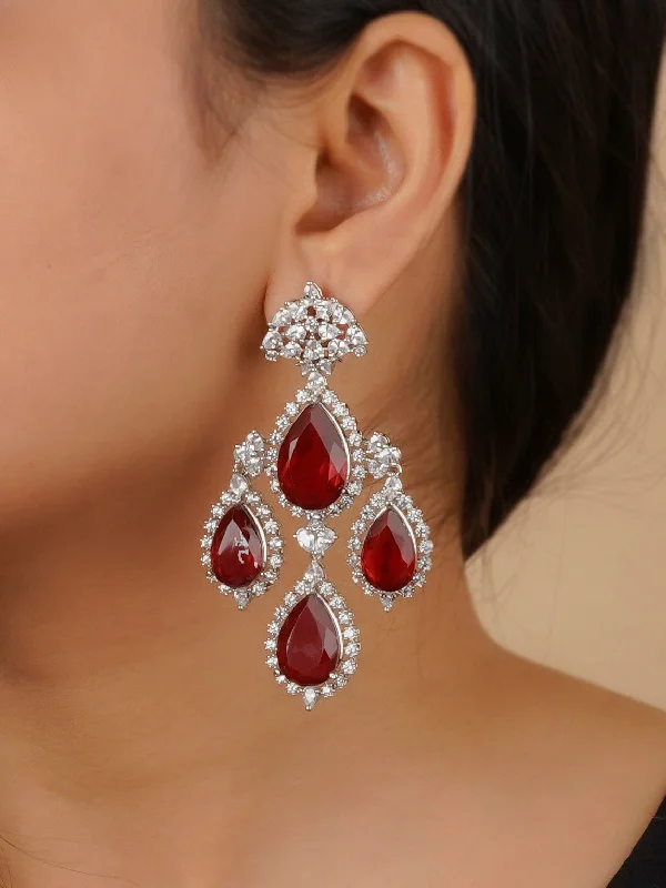 Oval earrings for women -Red Color Silver Plated Faux Diamond Earrings - CZEAR543R