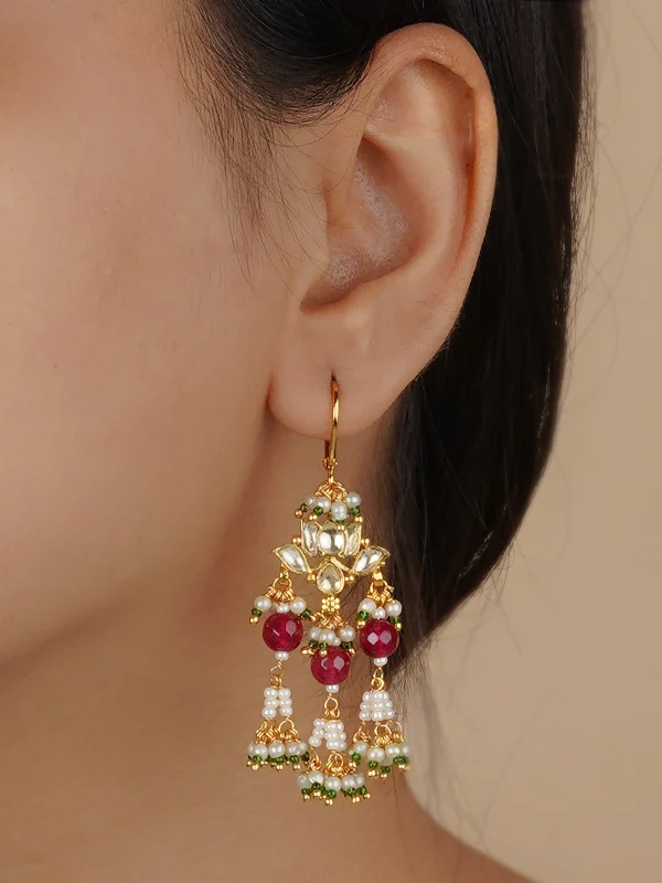 Multi-layered earrings for women -Multicolor Gold Plated Jadau Kundan Earrings - ME910YA