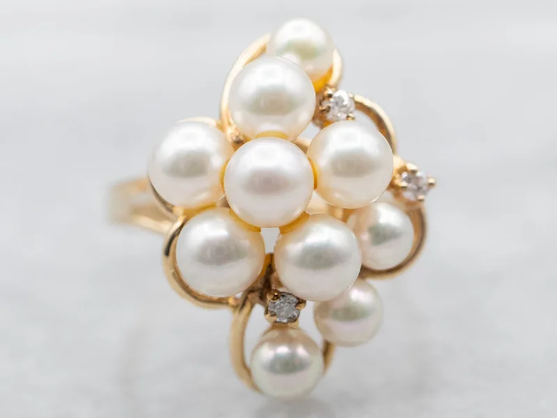 Platinum rings for women -Yellow Gold Pearl and Diamond Cluster Ring