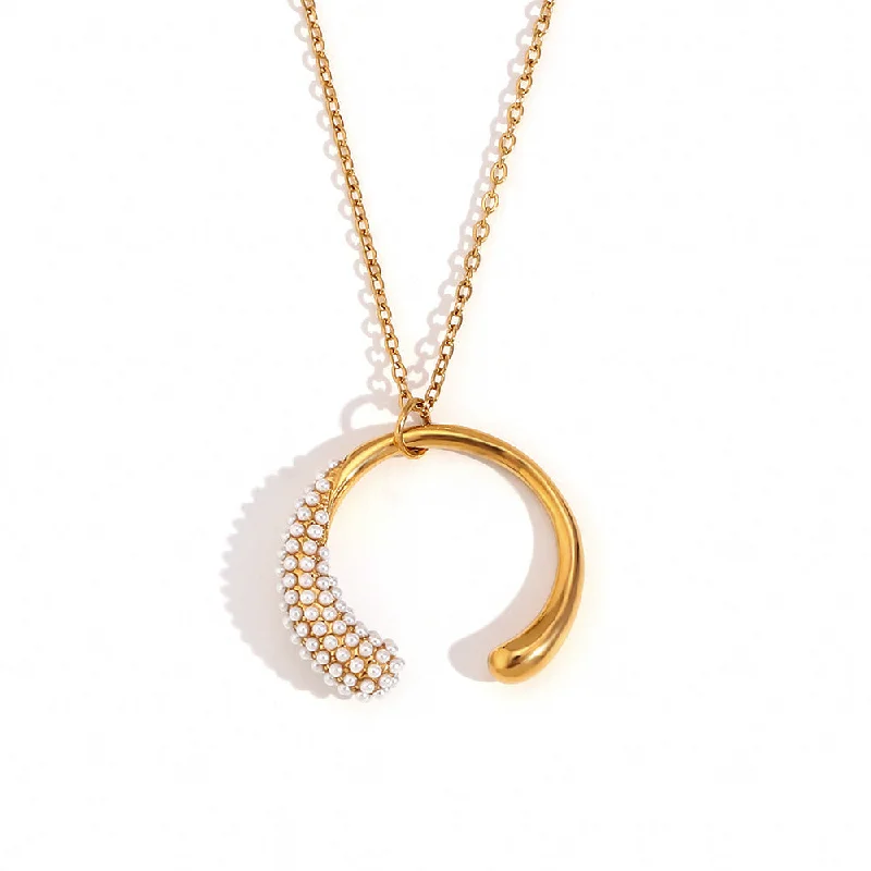 Pearl pendant necklaces for women -Fashion Circle Geometric Stainless Steel 18K Gold Plated Necklaces