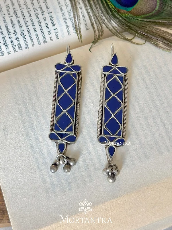 Emerald earrings for women -Blue Color Silver Plated Tribal Earrings - EK-SFEAR244BL