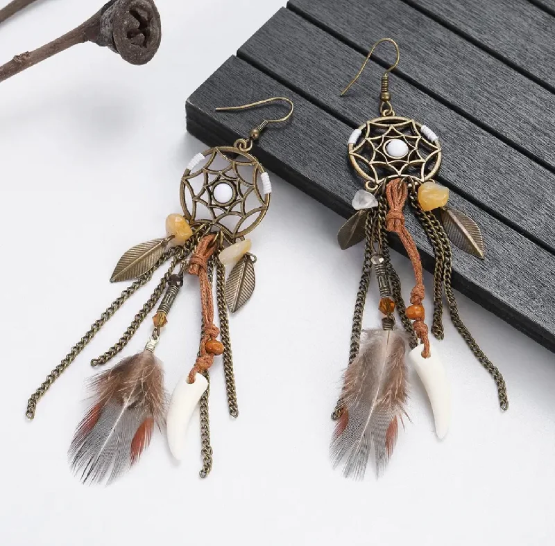 Minimalist earrings for women -Beautiful Bohemian Dream Catcher Feather Earrings