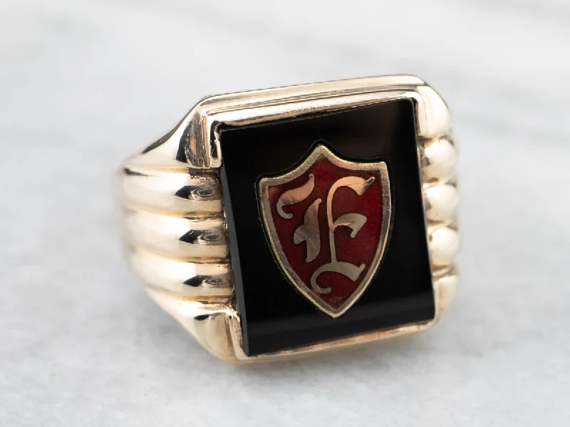 Promise rings for women -Men's "F" Monogram Onyx Signet Ring