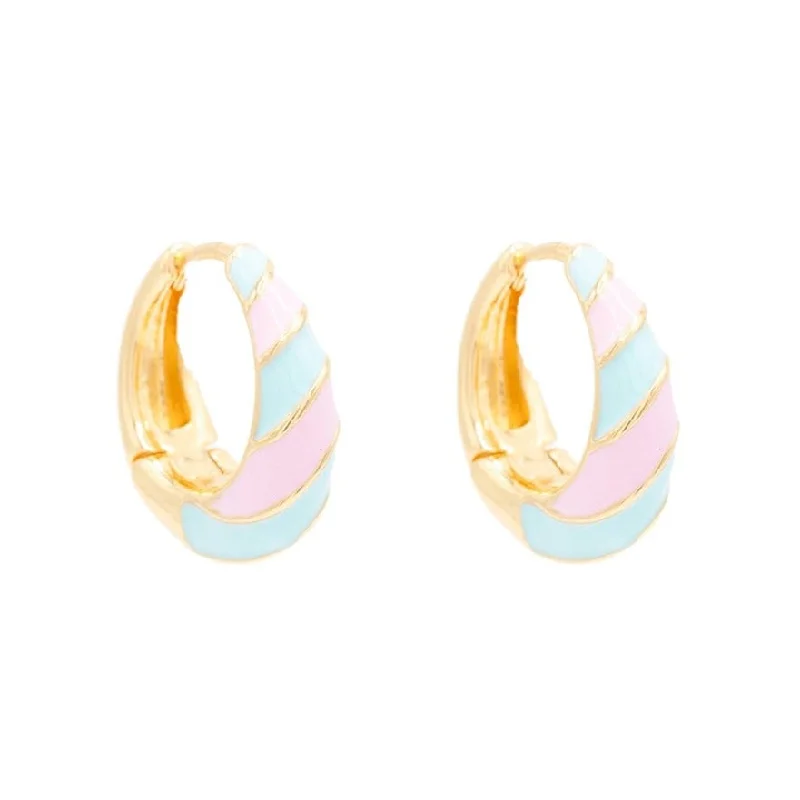 Stud earrings for women -Pink and Blue Stripe Enamel Huggie Hoop Earring