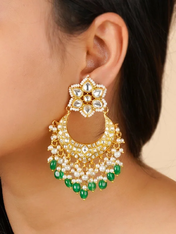 Simple earrings for women -Green Color Gold Plated Thappa Jadau Kundan Earrings - TJ-E101