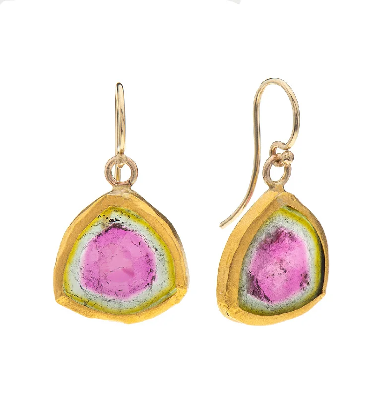 Swarovski earrings for women -Nava Zahavi large Yellow Gold Watermelon Tourmaline Slice Earrings