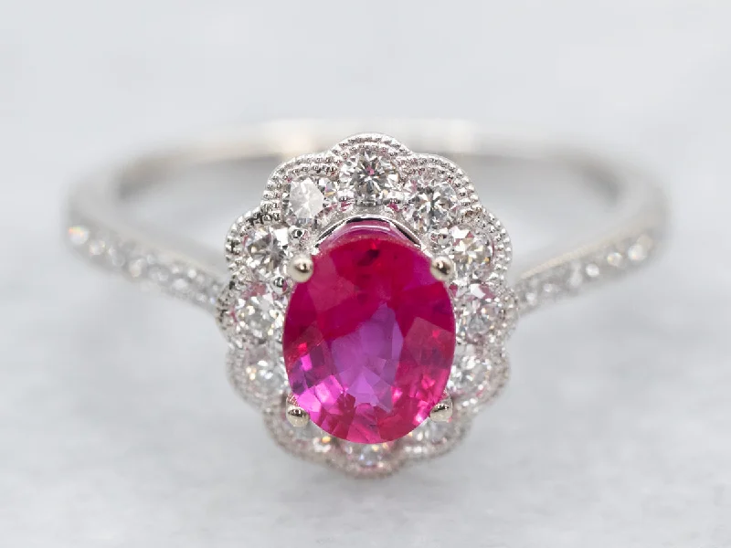 Personalized rings for women -White Gold Ruby and Diamond Halo Ring