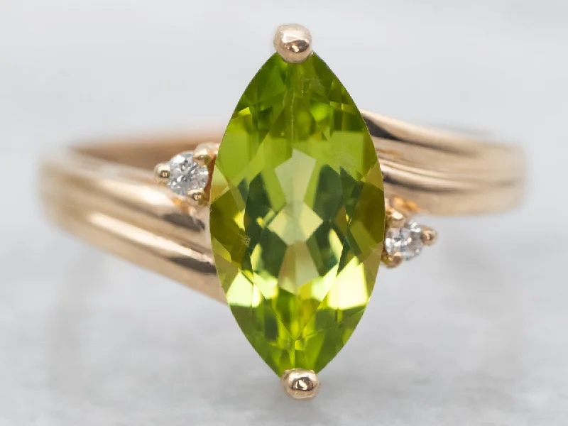 Chunky gemstone rings for women -Marquise Cut Peridot Bypass Ring with Diamond Accents