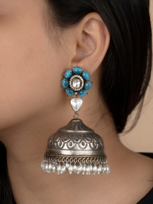 Silver hoop earrings for women -Firoza Color Silver Plated Tribal Earrings - EK-SFEAR250BL