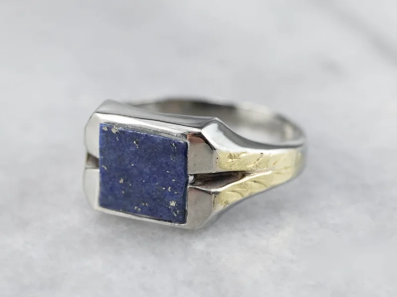 Rose gold rings for women -Two Tone Gold Vintage Lapis Ring