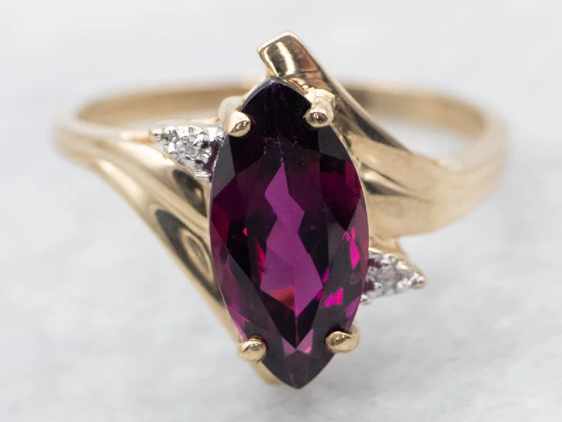 Custom gold wedding rings for women -Yellow Gold Marquise Cut Rhodolite Garnet Bypass Ring with Diamond Accents